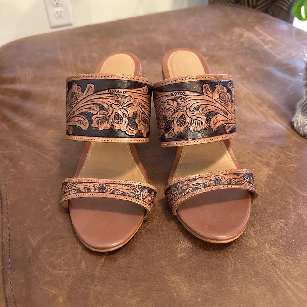 Brown Leather Mules with Intricate Design